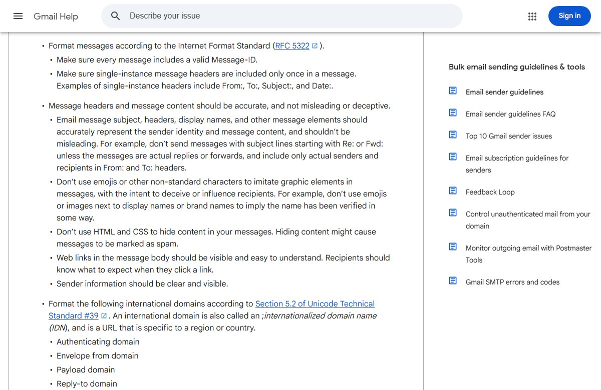 Gmail's email sender guidelines, saying the subject, headers and display names should accurately represent the sender and content, and not to start subject lines with Re: or Fwd: unless they are real replies or forwards.