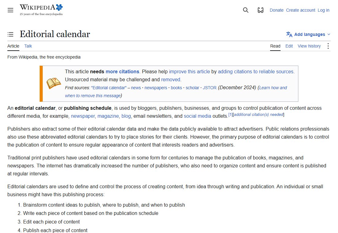 The Wikipedia article on editorial calendars, listing a simple publishing process for an individual or small business: brainstorm, write, edit and publish.